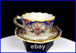 Rouen 1494 French Faience Antique Porcelain Scalloped 2 Cup & Saucer Set 1860