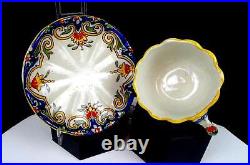 Rouen #1494 French Faience Antique Porcelain Scalloped 2 Cup/Saucer Set 1860