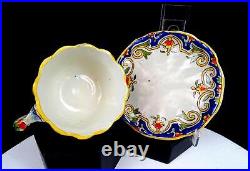 Rouen 1494 French Faience Antique Porcelain Scalloped 2 Cup & Saucer Set 1860