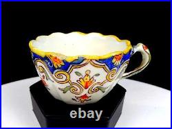 Rouen 1494 French Faience Antique Porcelain Scalloped 2 Cup & Saucer Set 1860