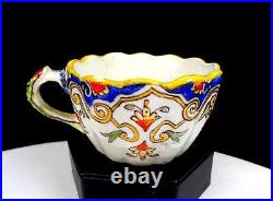 Rouen #1494 French Faience Antique Porcelain Scalloped 2 Cup/Saucer Set 1860