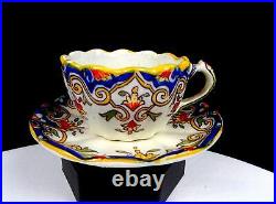 Rouen #1494 French Faience Antique Porcelain Scalloped 2 Cup/Saucer Set 1860