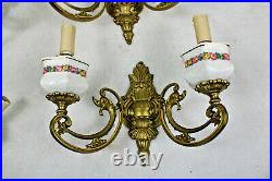 Set 4 French bronze swan animal figurine faience floral decor Wall lights sconce
