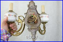 Set 4 French bronze swan animal figurine faience floral decor Wall lights sconce
