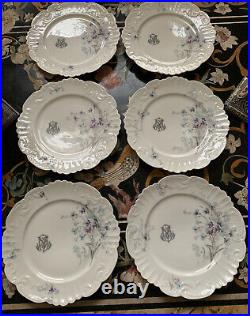 Set Of 6 Monogram Plates French Faience G. Boutigny, France, Antique RARE