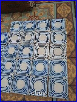 Set of 24 PAS CALAIS French original Desvres antique tiles 1890 Delft blue lines