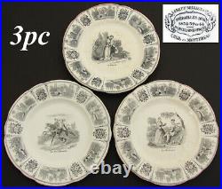 Set of 3 Antique French Creil Faience 8 Cabinet Plates, Romanic Themed Figural