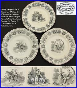 Set of 3 Antique French Creil Faience 8 Cabinet Plates, Romanic Themed Figural