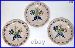 Set of 3 French Malicorne Floral Plates withRibbon 9.5 Unmarked Faience Quimper