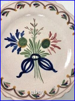 Set of 3 French Malicorne Floral Plates withRibbon 9.5 Unmarked Faience Quimper