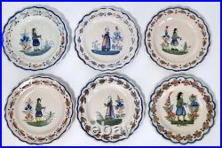 Set of 6 Antique HR Quimper France Plates 7 Diam 1895-1922 Mark