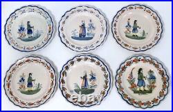 Set of 6 Antique HR Quimper France Plates 7 Diam 1895-1922 Mark