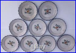 Set of Nine French Chantilly Faience Plates, Painted Flowers Blue Trim Mid-1700s