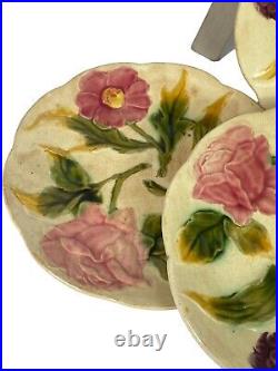 Six 6 Antique French Choisy le roi Majolica Barbotine Flower Plates hand painted