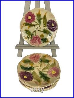 Six 6 Antique French Choisy le roi Majolica Barbotine Flower Plates hand painted