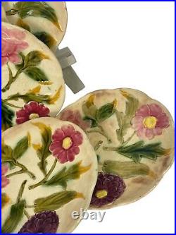 Six 6 Antique French Choisy le roi Majolica Barbotine Flower Plates hand painted