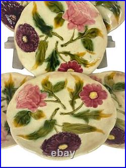 Six 6 Antique French Choisy le roi Majolica Barbotine Flower Plates hand painted