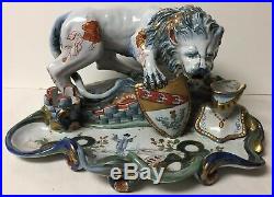 Spectacular Antique French St. Clement Faience Lion Inkwell