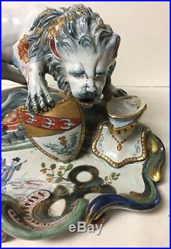 Spectacular Antique French St. Clement Faience Lion Inkwell