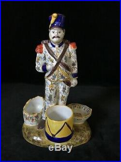 Stunning NAPOLEONIC SOLDIER Antique TRIPLE SALT DESVRES French Faience c1890
