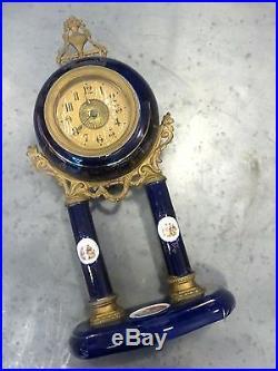 Superb Antique French Clock Portico Pillar Shabby Gilded 1900 Romantic Faience
