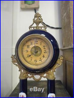 Superb Antique French Clock Portico Pillar Shabby Gilded 1900 Romantic Faience