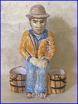 TROUSSEAU ET CIE Man with Baskets Triple Salt NEVERS French Faience Antique c1900