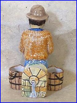 TROUSSEAU ET CIE Man with Baskets Triple Salt NEVERS French Faience Antique c1900
