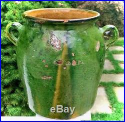 Terracotta Ceramic Jug Faience French Antique Pottery Green Glaze Pot A Confit