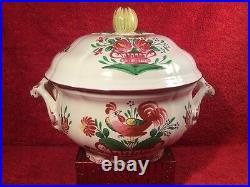 Tureen Antique French Faience Rooster on Flower Basket Lidded Tureen