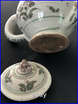 Two Antique French Faience Teapots, Antique Bow Candlestick Base 1760