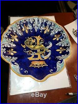 Ulysse Blois Blue French Faience Bowl w Dragons Signed E (Emile) Balon Antique