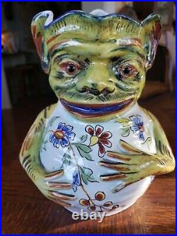 Unusual Desvres Fourmaintraux French Faience Large Face Jug Pichet c. 1900