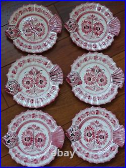 VINTAGE 6 PLATES PINK FISH CERAMIC HENRIOT QUIMPER FRANCE circa 1950s