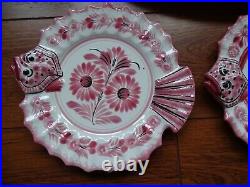 VINTAGE 6 PLATES PINK FISH CERAMIC HENRIOT QUIMPER FRANCE circa 1950s