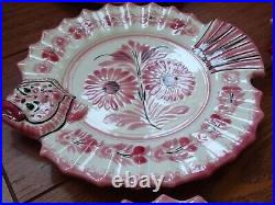 VINTAGE 6 PLATES PINK FISH CERAMIC HENRIOT QUIMPER FRANCE circa 1950s