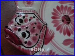 VINTAGE 6 PLATES PINK FISH CERAMIC HENRIOT QUIMPER FRANCE circa 1950s