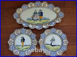 VINTAGE AMAZING DISH + TWO PLATES FRENCH FAIENCE HENRIOT QUIMPER circa 1920s