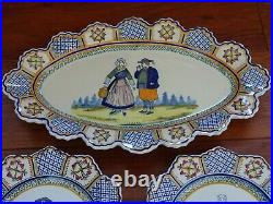 VINTAGE AMAZING DISH + TWO PLATES FRENCH FAIENCE HENRIOT QUIMPER circa 1920s