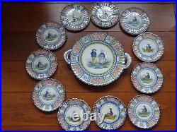 VINTAGE SET CHEESES 11 PLATES AND DISH FRENCH FAIENCE HENRIOT QUIMPER 1930s