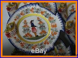 VINTAGE SIX FISH PLATE FRENCH FAIENCE HENRIOT QUIMPER circa 1950s