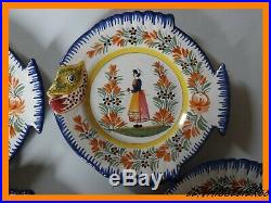 VINTAGE SIX FISH PLATE FRENCH FAIENCE HENRIOT QUIMPER circa 1950s