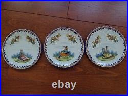 VINTAGE THREE SMALL BREAD PLATES CERAMIC HENRIOT QUIMPER FRANCE circa 1930s