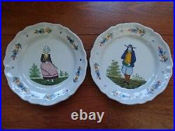 VINTAGE TWO PLATES FRENCH FAIENCE HB QUIMPER COUPLE BRETON 19th Century