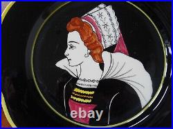 VINTAGE TWO PLATES FRENCH FAIENCE HENRIOT QUIMPER BLACK circa 1930s' 9,84