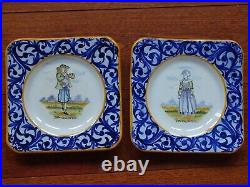 VINTAGE TWO SQUARES PLATES FRENCH HENRIOT HB QUIMPER circa 1930s