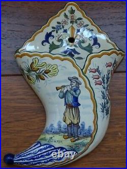 VINTAGE WALL POCKET VASE FRENCH FAIENCE HR QUIMPER circa 1900s