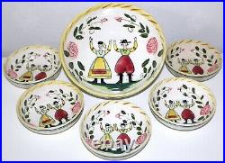 Vintage Faience Bowl SET 6 Hand Painted French Farmers Peasants Multicolor