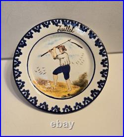 Vintage Faience Juillet Blue & White Edg Summer Boy Image Plate 9