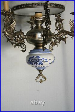 Vintage French Faience Brass Dragons ggothic opaline glass chandelier lamp